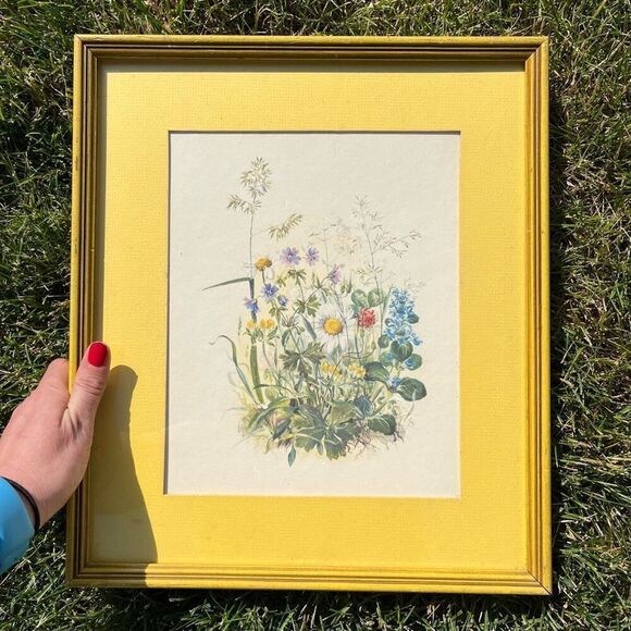 Vintage 60s/70s Yellow Framed Botanical Wildflower Print Vintage Wall Art - Picture 1 of 8